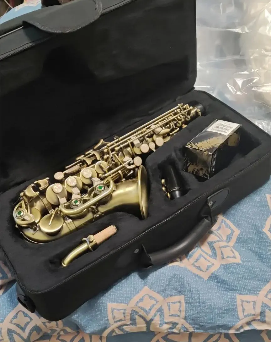 Rétro 875ex b-flat professionnel curvo saxofone soprano antigo escovado artesanato profundo esculpido saxofone instrumento musical