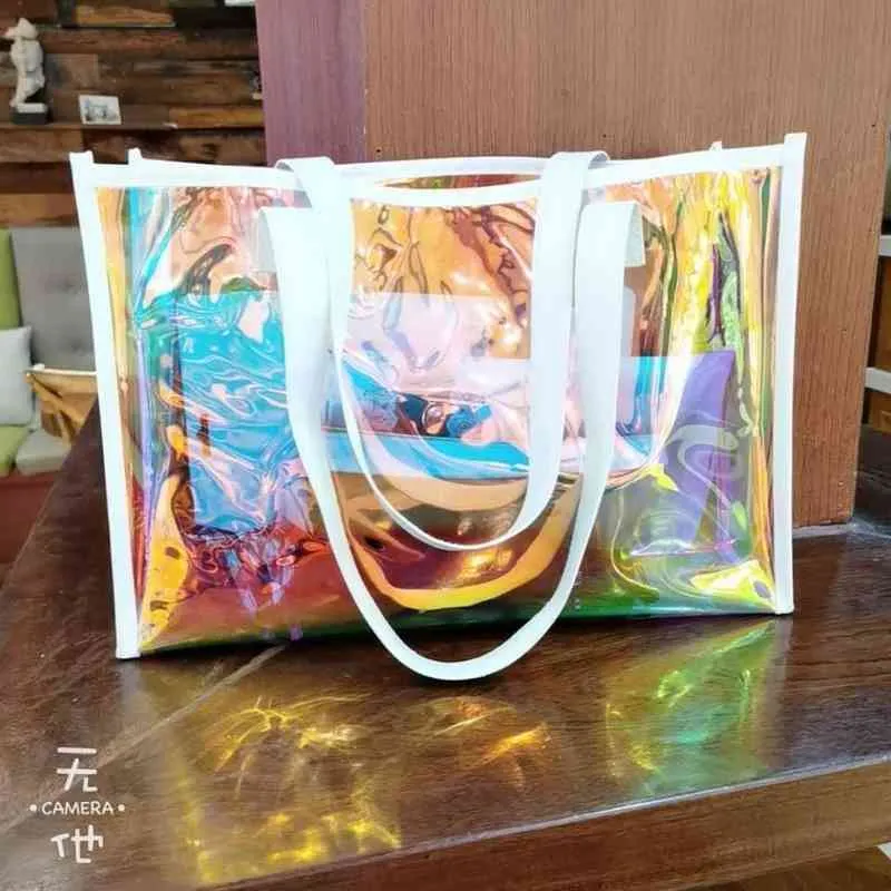 Cute Holo Transparent Bag For Women Laser Clear Handbag Holographic Pvc Candy Beach Waterproof Shoulder Jelly Femme Bolso 220427292i