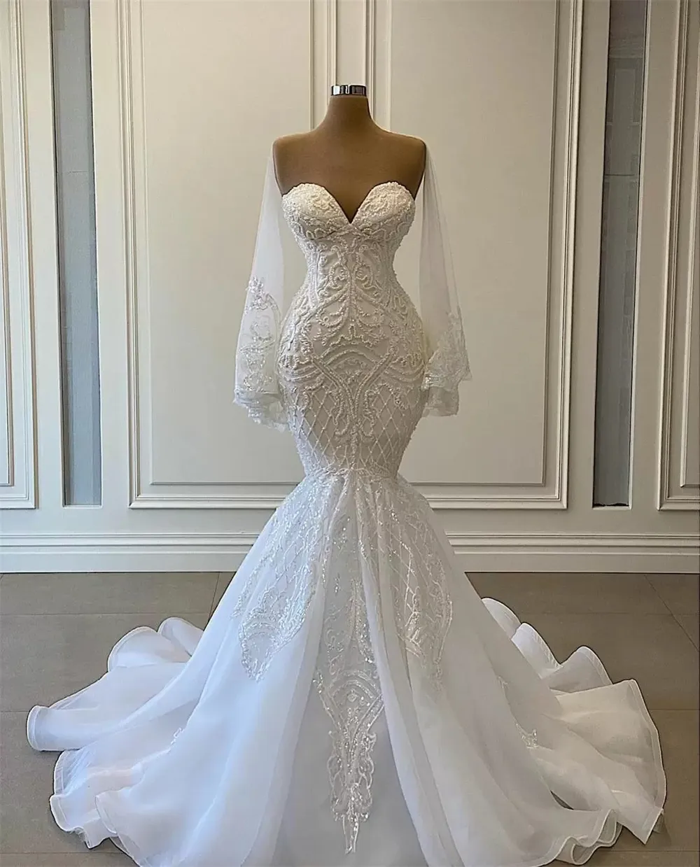 Elegante weiße Meerjungfrau Brautkleider Brautkleider Perlen Spitze Applikation Nigerian Arabisch Hochzeitskleid Robe De Marie265K