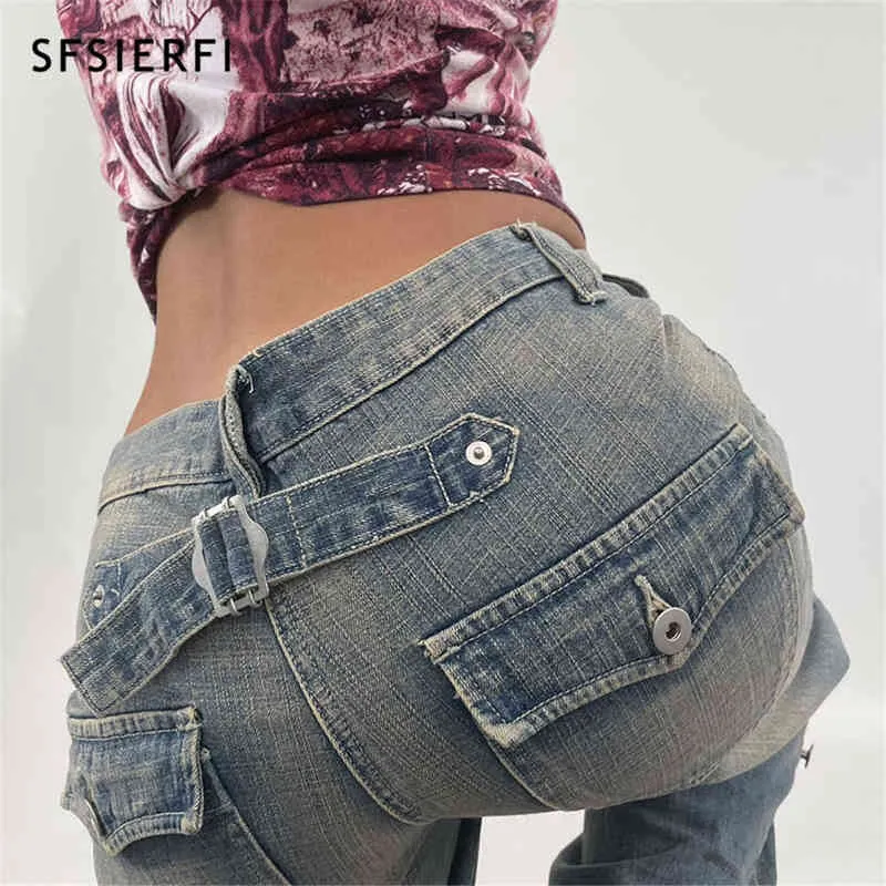 SFSIERFI Ins Style y2k Jeans Street Hipster taille basse style Harajuku poche jambe droite pantalon lavage à l'eau Jean femmes femme Bott T220728