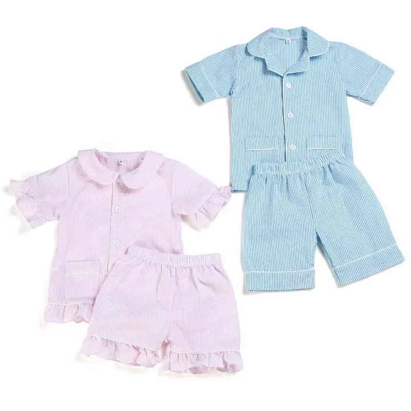 Cotton Stripe Seersucker Summer Pijamas Define Boutique Home Sleepwear para crianças menino e menina12m12years Button Up PJS AA2203264062865