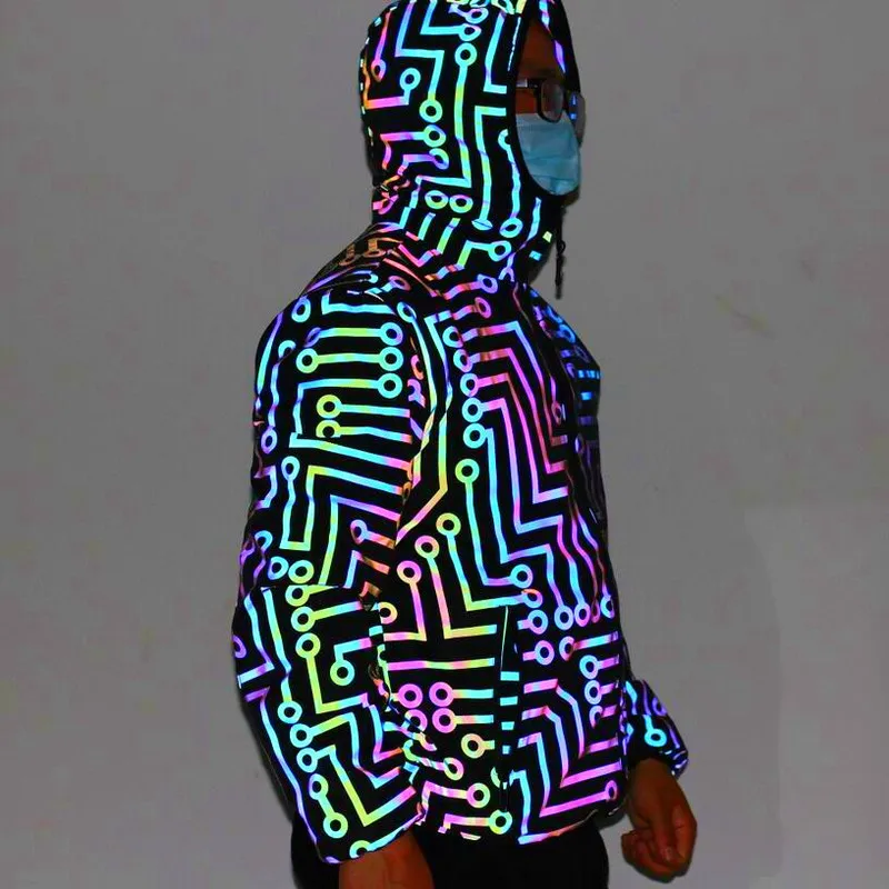 Męskie kurtki mężczyźni linie obwodu geometrycznego kolorowe kurtki odblaskowe Hip Hop wi 220823