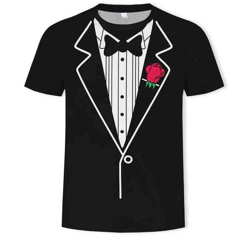 Fake Two Pieces camiseta dos homens Bowknot Rose Gentleman Tshirt Summer Roupas Funny Print Tops Moda Skin Tight 3D Tees Camisa L220704