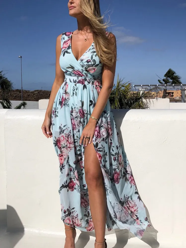 Summer Fashion Slim V Neck Tie Up Backless Chiffon Dress Sexy Sleeveless Hollow Slit Maxi Women Floral Print Party es 220713