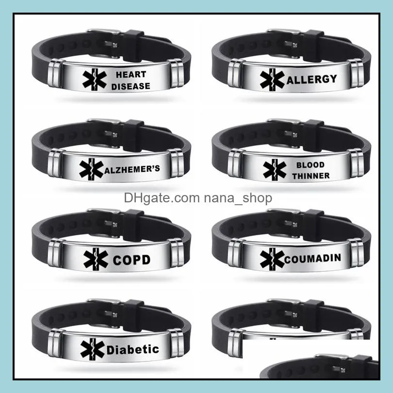 Sport Silicone Medical Alert ID Bracelets For Men Women DIABETES Serious Illness Emergency Remind Stainless Steel Engravable Bracelet