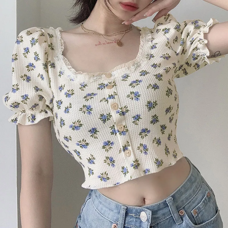 Summer Sexy Women Slim Crop Top Tees T Shirt Low Cut Short Sleeve Floral Kobieta Teenage Girls Femmes T-shirt Cross Wrap Y2K 220520