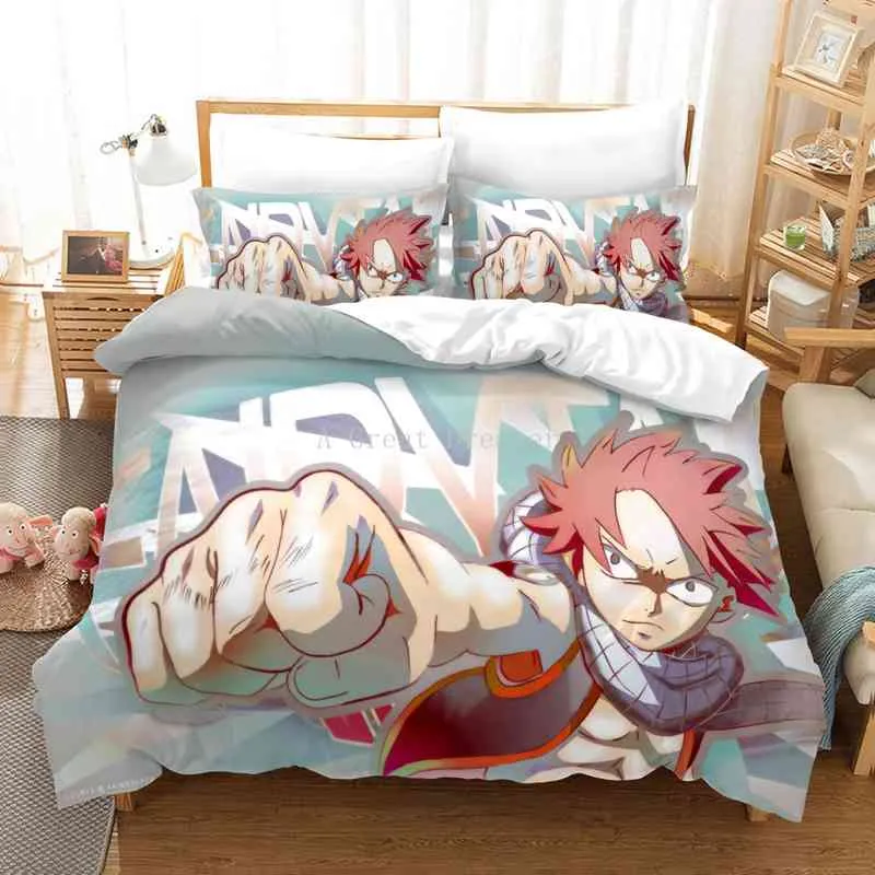Anime Fairy Tail Bedding Set 3d Cartoon Duvet Cover with Pillow Queen King Bed for Kids Adults Bedroom Decor