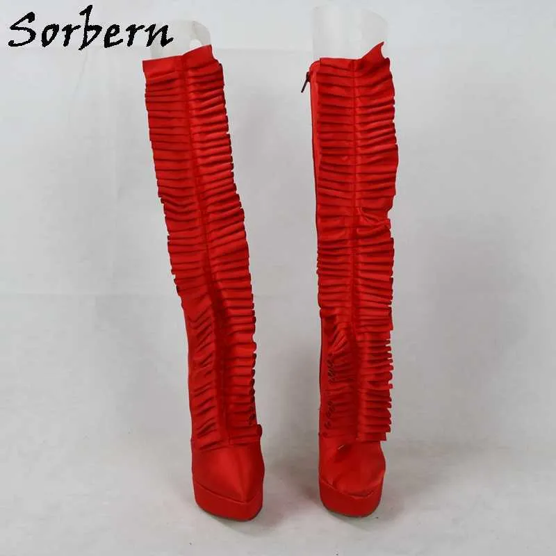 Sorbern Custom Red Wide Calf Boots Women High Heel Pointed Toe Platform Knee High Lady Boot Satin Pleated Zip Up Model Shoes