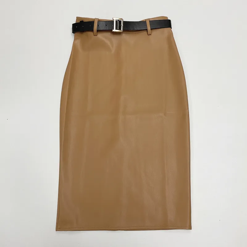 REALEFT PU jupes portefeuille en cuir avec ceinture automne hiver femmes élégant Midi taille haute gaine crayon Sexy 220317