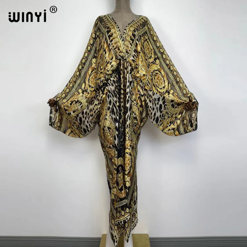 Sexig Bech Högkvalitativ hand-rullad Feel Silk Rayon Fashion Print Winyi Maxi Women's Robes Long Beach V-Hals Bohemian Dress 220409