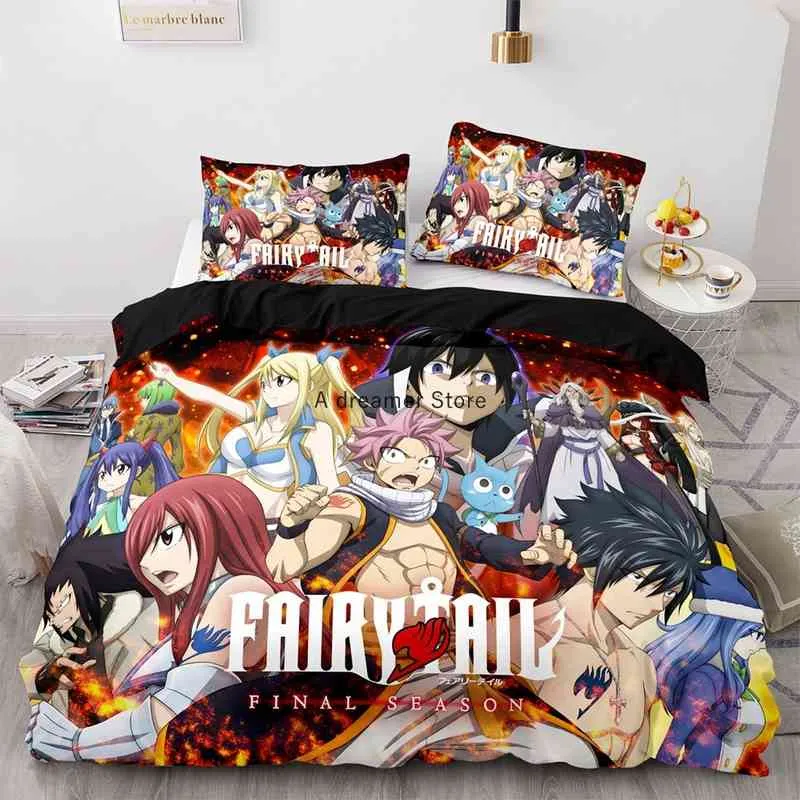 2022 Ny stil anime fairy tail duvet täcker tecknade barn sängkläder med örngott gåva till vän dekor hem sängkläder