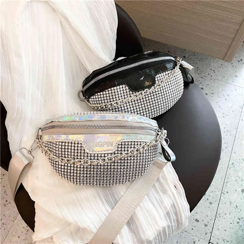 Chest bag female 2022 summer new personalized chain colorful full Diamond Single Shoulder Messenger Sequin small waist Purses_GFEG