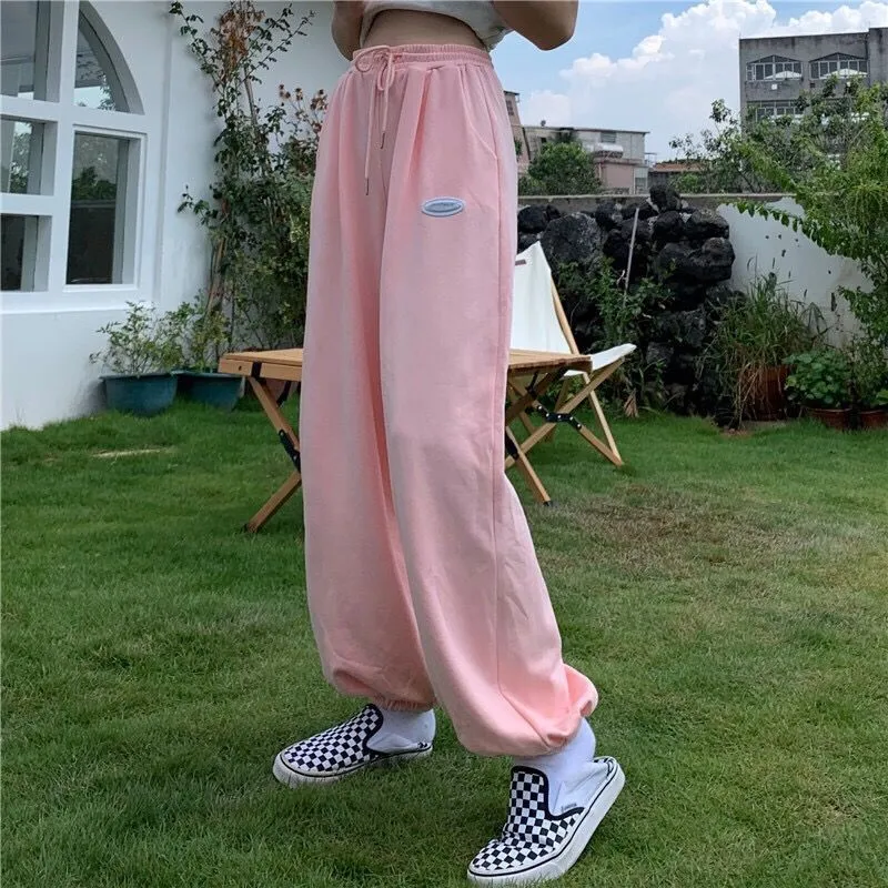 HOUZHOU pantalon rose à jambes larges été Hip Hop Streetwear surdimensionné sport mode coréenne Joggers femmes ample taille haute pantalons de survêtement