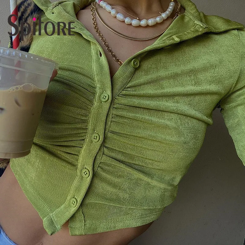 Spifore Ruched Turn-Down Collar Button Up Shirts Femme Z Długim Rękawem Sexy Topy Moda Solid T Women 220328