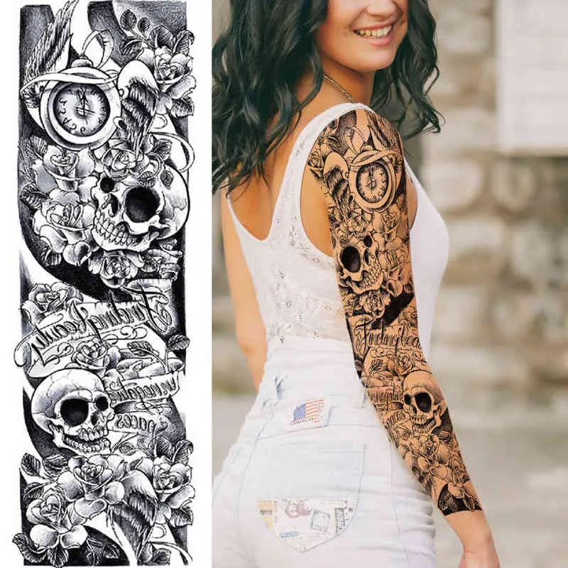 NXY Tijdelijke Tattoo Zwart Militaire Maori Totem Mouw Tattoos Voor Mannen Realistische Fake Volledige Arm3D Dragon Skull Wolf Lion Robot Tatoos Plakken 0330