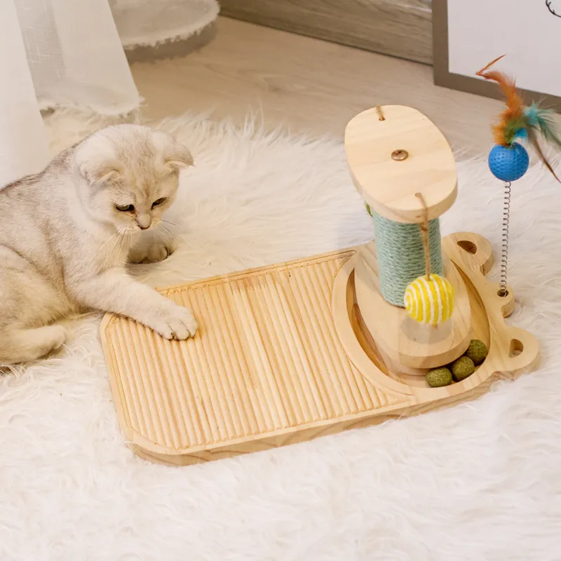 Tiragraffi gatti in legno Giocattolo tiragraffi in sisal con binari a 2/3 strati Giocattoli gatti rotanti Giradischi con palline interattive 220423