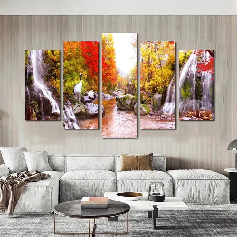 5 panneaux cascade arbre rouge affiches et impressions toile peinture mur Art photos pour salon automne paysage décor à la maison