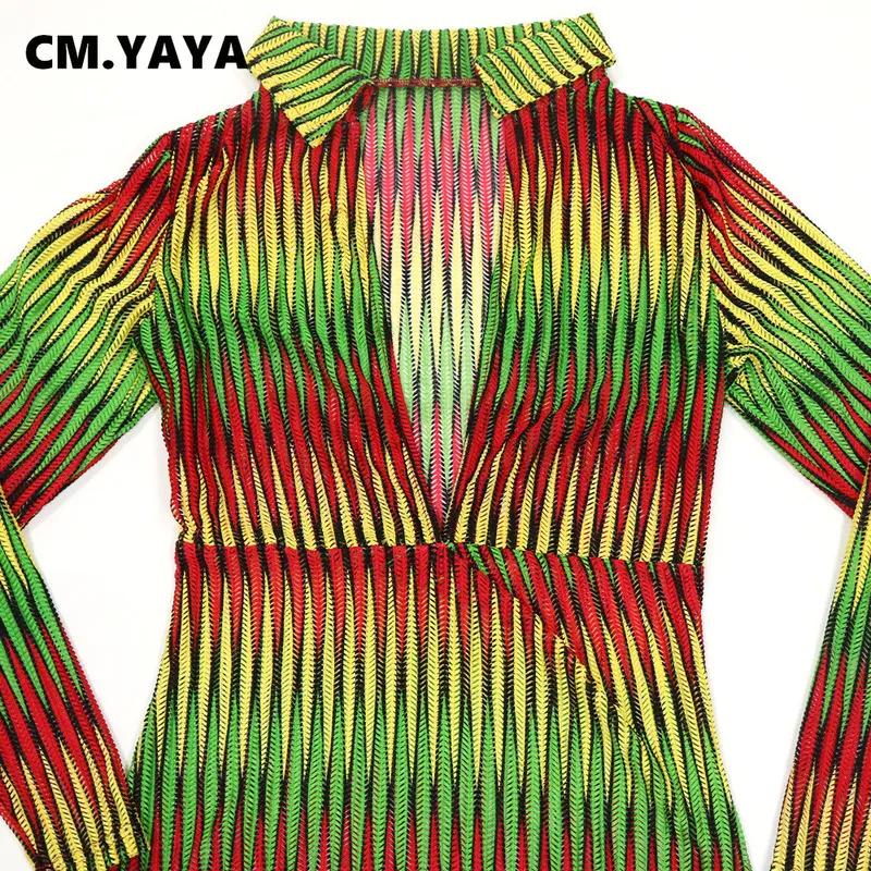 CM.YAYA Women Rainbow Striped Turn-down V-neck Bodycon Midi Long Sleeve Dress Summer Sexy Party Club Mini Vestidos Dresses 220516