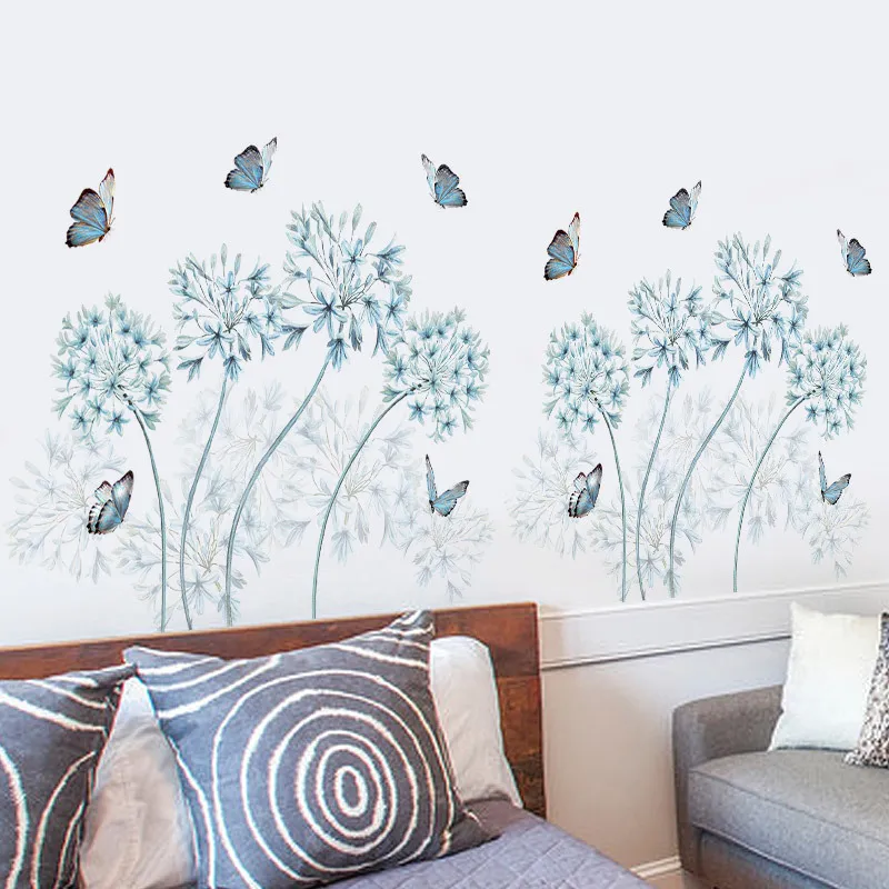 Fashion Flying Butterfly Blue Dandelion Adesivi da parete Fiories Callviro grande adesivo pareti in 3D in vinile Art Decal Disponibile decorazione del soggiorno