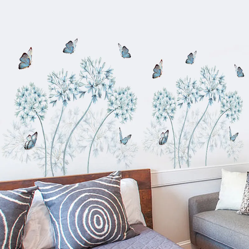 Fashion Flying Butterfly Blue Dandelion Wall Stickers Flowers Wallpaper Large Vinyl 3d Wall Sticker Art Decal Living Room Decor