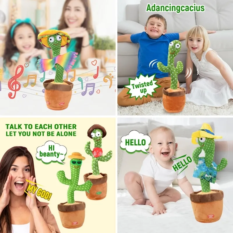 Cactus danzante Ripeti giocattolo parlante I giocattoli elettronici di peluche possono cantare Registrare Alleggerire la batteria Ricarica USB Early Eon Regalo divertente 220425