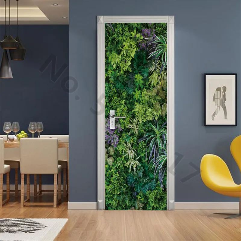 3D Green Palm Leaf Door Sticker Self Adhesive P o Wallpaper For Bedroom Entrance Poster Furniture Decal Home Design Cover 220716