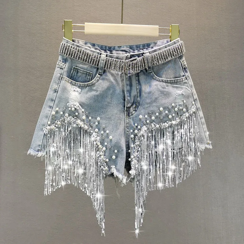 Femmes printemps été élégant Shorts dame gland perles taille haute jambe large Denim Shorts femme décontracté solide Shorts 220701