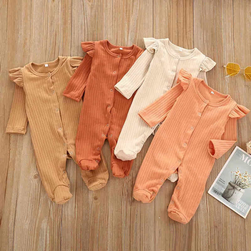 2020 Baby Autumn Winter Clothing Newborn Baby Girl Boy Ribbed Clothes Knitted Cotton Romper Baby Jumpsuit Solid Girls Outfits G220521