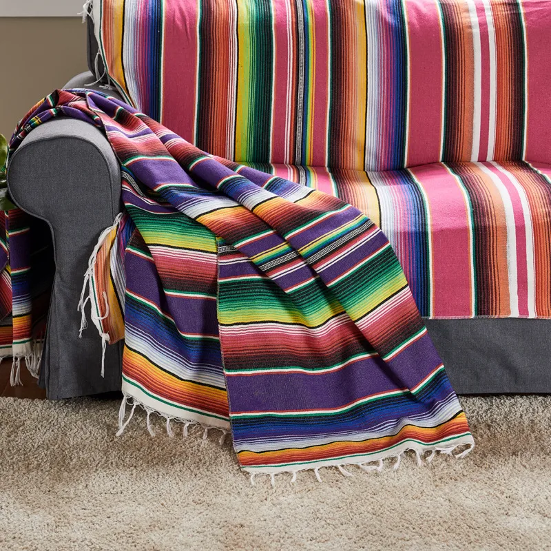 Couverture Gaya Meksiko Pelangi Bergaris Selimut Kapas Murni Cobertor Sofa Permadani Gantung untuk Tempat Tidur Pesawat Perjalanan dengan Rumbai 220613