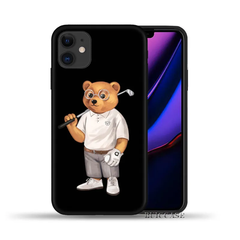 För iPhone 11 12 13 Pro Max Mini 7 8 Plus X Xs XR 6 6S 5S SE 2020 Black Case Cute Bear Fashion Brand Protective Silicone Cover4078369