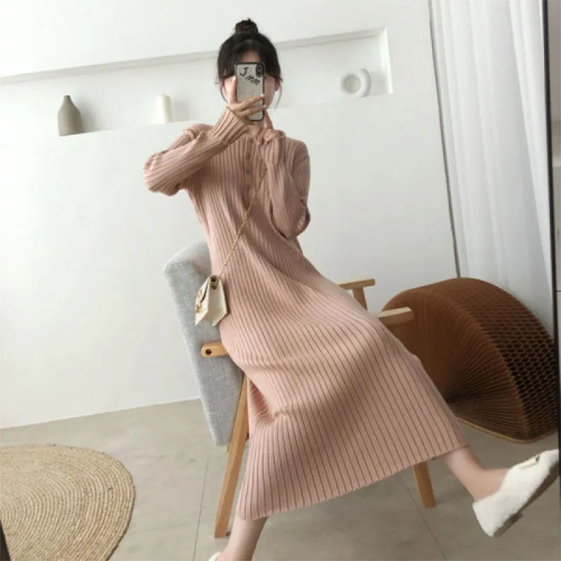 2022 styl francuski długi sweter sukienka dziewiarska sukienka solidna damska jesień i zima nosić minimalizm Dress 220317