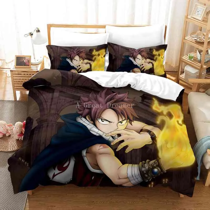 Anime fairy svans sängkläder set 3d tecknad täcke täcke med kudde drottning king säng för barn vuxna sovrum dekor