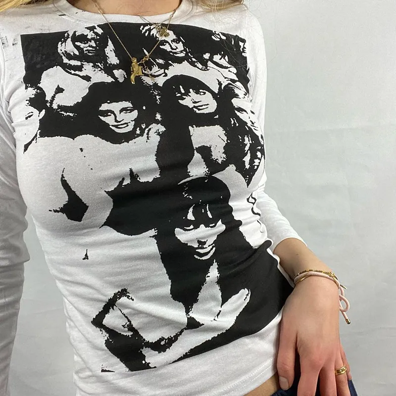 Impressão gráfica camiseta mulheres tops cyber y2k o-pescoço manga comprida bebê verão estética grunge grunge streetwear roupas 220321