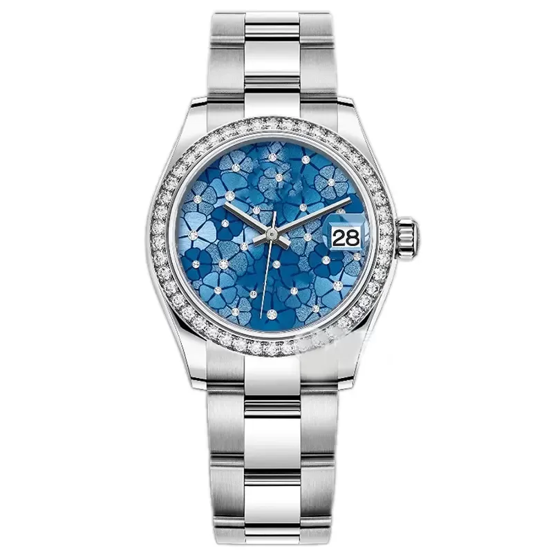 Dameshorloges 31MM blauwe diamanten wijzerplaat Automatisch mechanisch Volledig roestvrij staal Waterdicht horloge Koppelsstijl Klassieke polshorloges275Q
