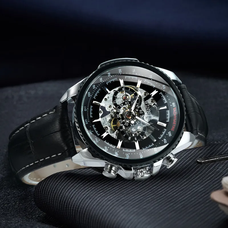 남성을위한 군사 시계 스켈레톤 자동 기계식 손목 시계 최고 브랜드 고급 은색 골드 빅 가죽 reloj hombre 220530