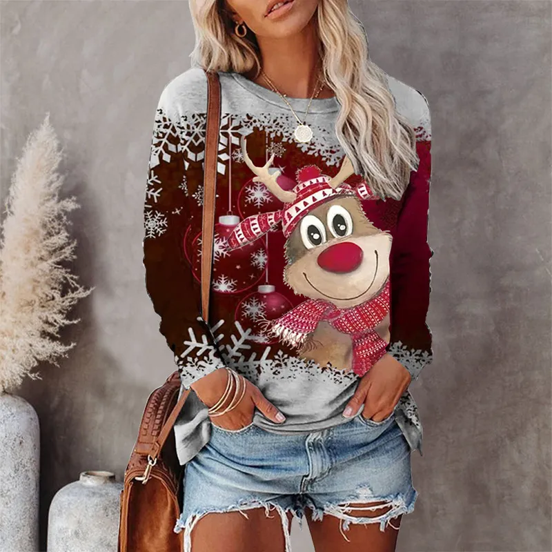 Christmas Vintage O-Neck Long Sleeve T Shirt Women Autumn Winter Top Flower Deer Tree Print Casual Y2k Clothes T-shirt 220321