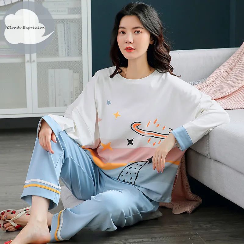 Spring herfst dames slaap lounge pyjama lange mouwen vrouw pyjama set cartoon pyjama's katoen slaapkleding m l xl xxl xxxl mode 220527