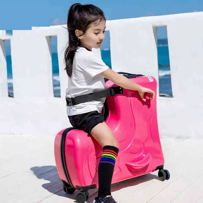 Nowe dzieci jazda Trojan Bagage gorące chłopcy dziewczęta podróżne Trolley Trolley Siedzą Rolling Suitcase Spinner Wheels J220708 J220708