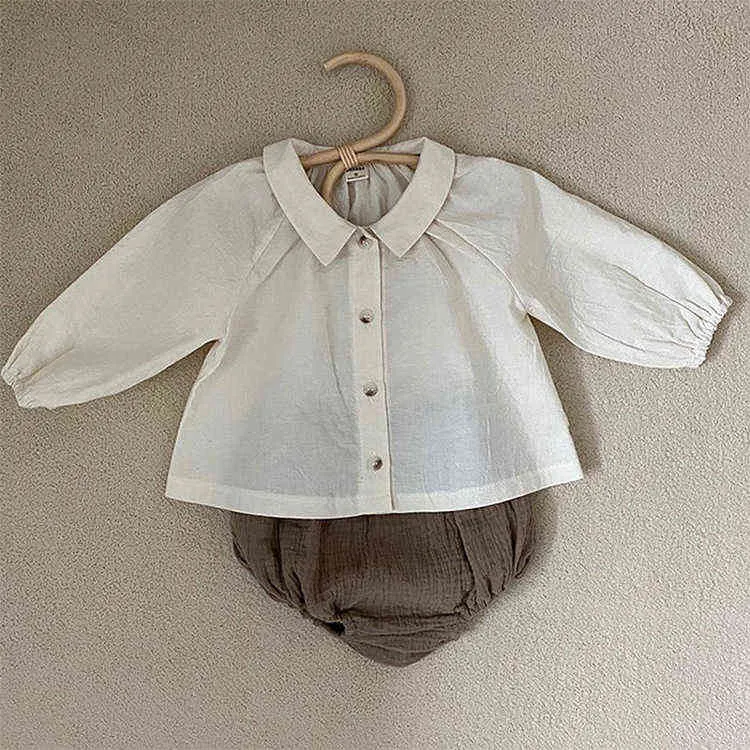 Nieuwe zomer Koreaanse schattige baby jongens meisje kleding sets poppen revers shirt lange mouw lantaarn shorts pak kinderkleding pak aa220316