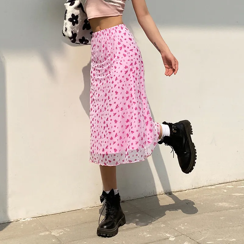 Grunge Fairycore midi rok roze bloemenprint mesh rok vrouwen zachte meid esthetische y2k outfit 220611