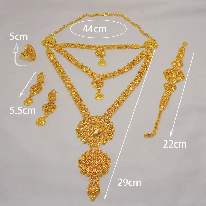 Ensemble de bijoux arabes de dubaï pour femmes, boucles d'oreilles éthiopiennes et africaines, longue chaîne, collier de couleur or, cadeau de mariage, 220810