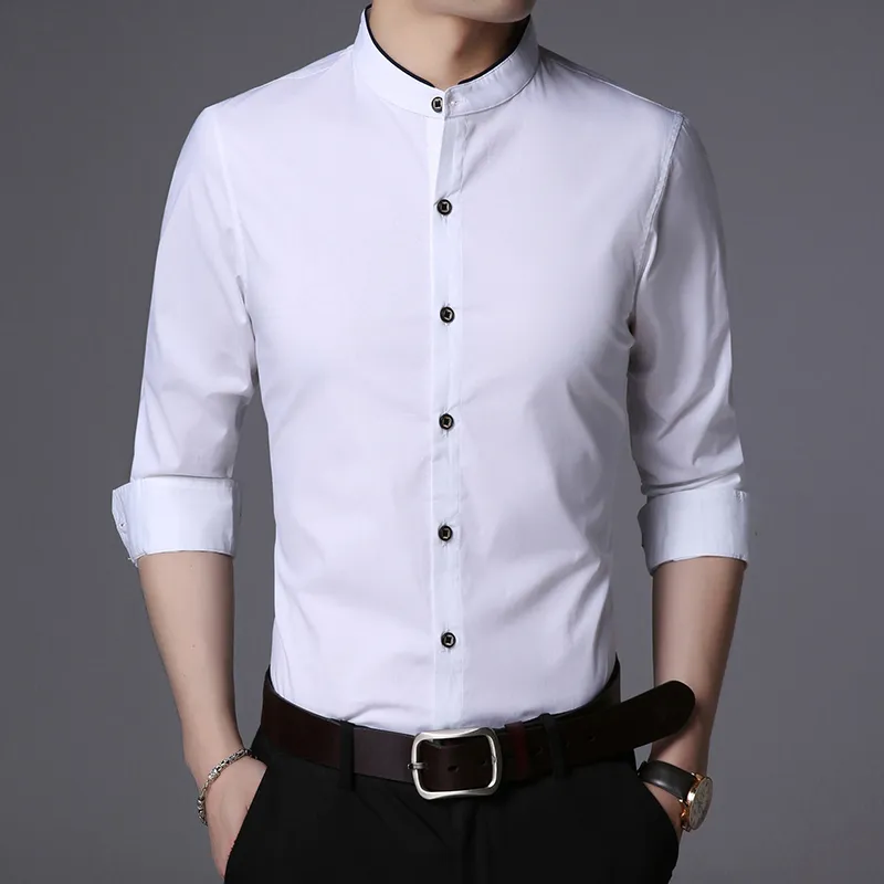 Camicia di marca di moda Uomo Collo alla coreana Manica lunga Vestibilità regolare Cotone Autunno Abito coreano nero Abbigliamento casual 220322