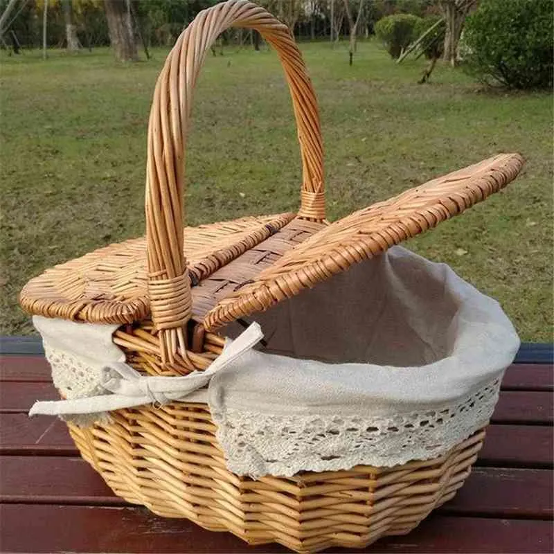 Wicker Wellow Woven Vintage Camping Hande Shopping Food Fruit Picnic Basket Y220524