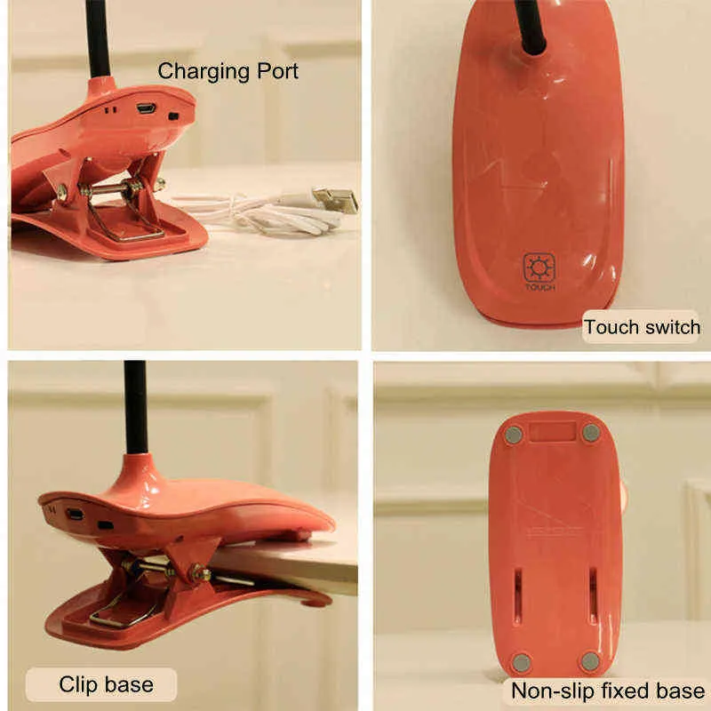 USB 충전식 LED 접이식 클립 온 책상 램프 눈 보호 터치 디밍 읽기 클램프 테이블 램프 침대 조명 3 밝기 H220423