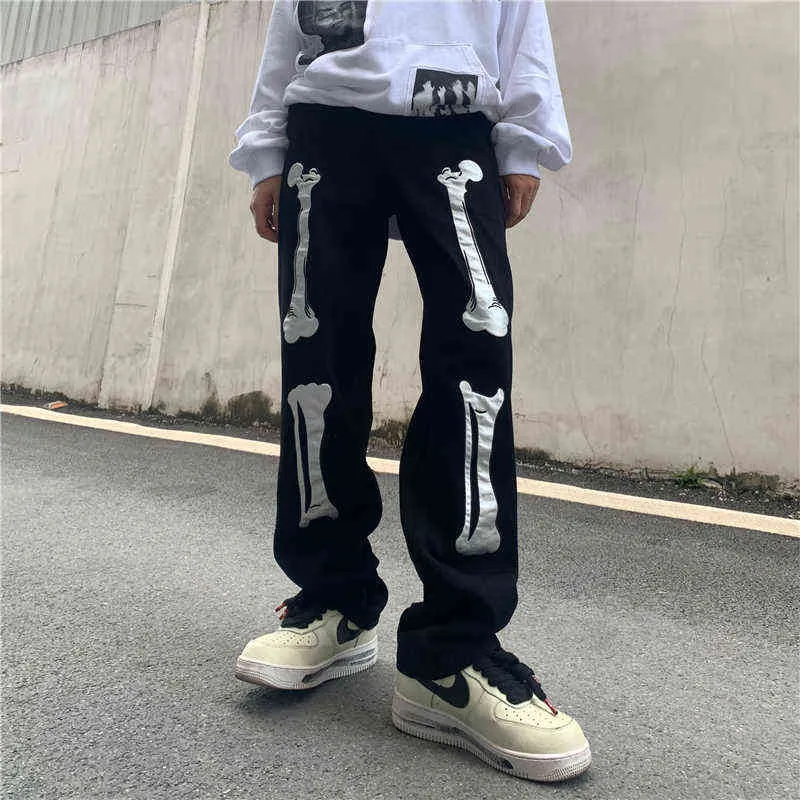 Mannen Schedel Jeans Jean Baggy Skeleton Broek Zwarte Man Casual Trendyol Denim Broek Streetwear Hip Hop MODE Y2k Print X220714