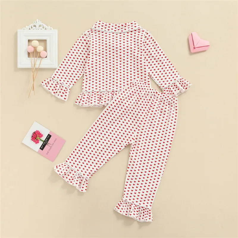 Baby Girl Valentijnsdag Kleding Hart Print Pyjama Set Shirt Top Broek 18 M-6Y Kids Kinderen Festival Kostuum Nachtkleding Pyjama 220426