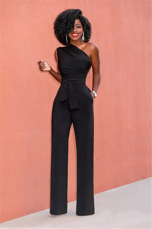 Sexig en axel rompers kvinnor jumpsuit sommar ärmlöst bälte brett ben elegant damstorlek bodycon jumpsuits vit svart 220725