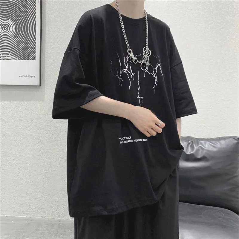 Zomer oversized t-shirt mannen t-shirt vrouwen bliksemafdruk met korte mouwen t-shirt retro donkere jas Koreaanse losse trend Harajuku 220509