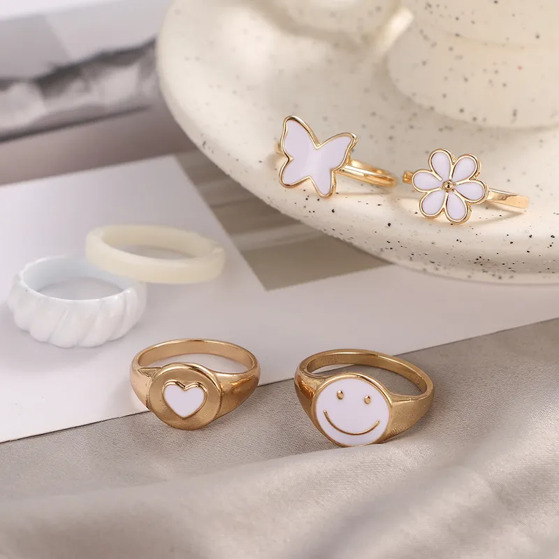 Vintage Heart Smile Rings uppsättning för kvinnor älskar emaljring söt fjäril finger flickor smycken gåvor ins stil 220719