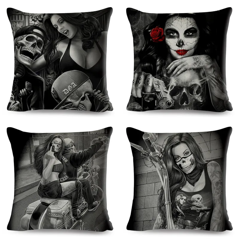 Pillow Case Motorcycle czaszka i seksowna dziewczyna poduszka na sofę Dekor Home Decor Day of the Dead Pillow Case Soft Plush Phillcase 220623